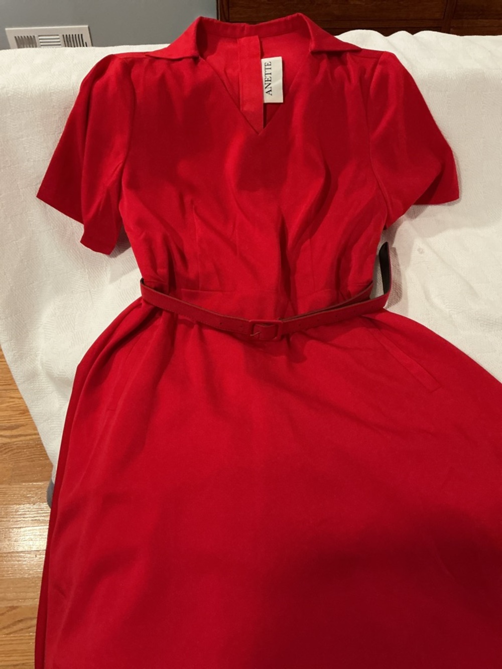 Anette Red Short-Sleeve Belted Cotton Blend Midi Dress